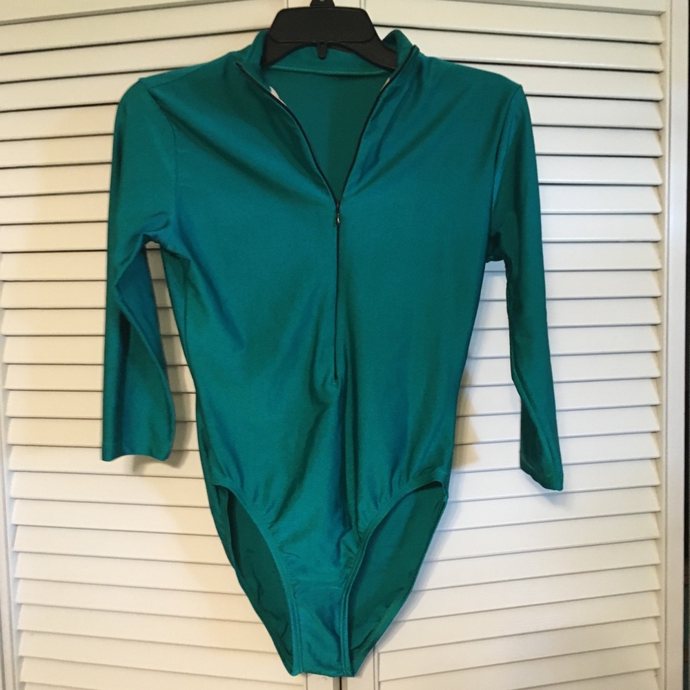 Natalie green mockneck zipper leotard, Adult L